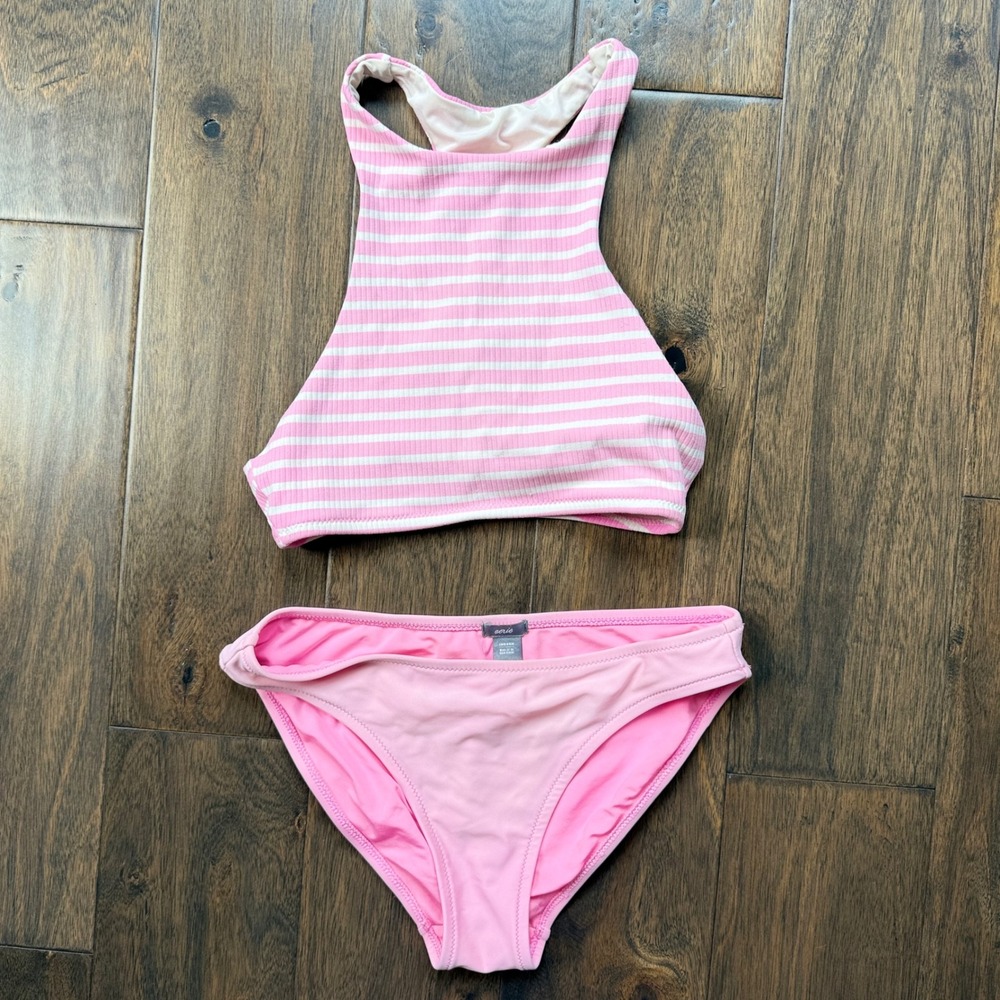 Aerie Bikini Set Women XS Pink Excellent Ribbed High Neck Racerback Striped